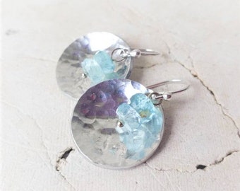 Hammered Silver Aquamarine Earrings. Aquamarine Dangle Earrings. March Birthstone Earrings. March Birthstone Jewelry. Aquamarine Jewelry
