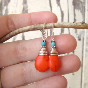Wire Wrapped Orange and Turquoise Earrings. Orange Turquoise Howlite Dangle Earrings. Tangarine Orange Earrings. Orange Jewelry image 3