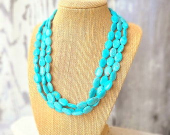 Triple Strand Blue Green Turquoise Necklace. Oval Turquoise Howlite Statement Necklace. Multi Strand Turquoise Jewelry. Statement Jewelry