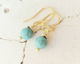 Small Genuine Turquoise Earrings in Gold Tone. 6mm Natural Turquoise Dangle Earrings. Tiny Turquoise and Gold Earrings.  Turquoise Jewelry