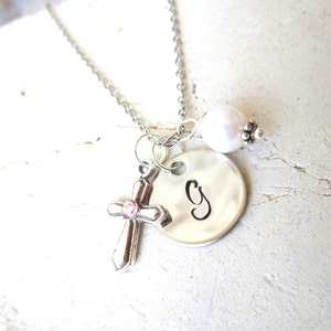 Girl&#39;s Baptism Gift. Children&#39;s Birthstone Cross Necklace. Circle Initial & Pearl Charm Necklace. First  Communion Gift. Birthstone Jewelry