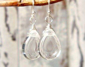 Clear Glass Drop Earrings. Sterling Silver Wrapped Glass Dangle Earrings. Clear Glass Earrings. Clear Glass Jewelry. Clear Crystal Earrings