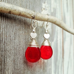Red Valentine&#39;s Earrings. Sterling Silver Wire Wrapped Teardrop Red Earrings. Czech Glass Heart Earrings. Red Jewelry. Valentine&#39;s Jewelry