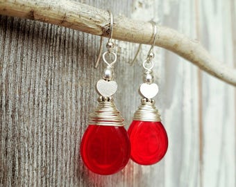 Red Valentine's Earrings. Sterling Silver Wire Wrapped Teardrop Red Earrings. Czech Glass Heart Earrings. Red Jewelry. Valentine's Jewelry