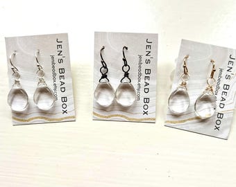 Clear Glass Drop Earrings. Sterling Silver Wrapped Glass Dangle