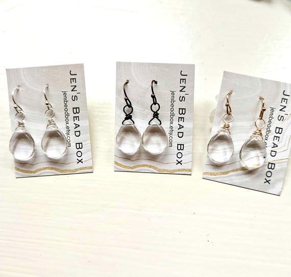 Clear Glass Drop Earrings. Sterling Silver Wrapped Glass Dangle