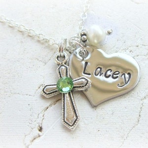 Baptism Gift.First Communion Gift Girl.Children&#39;s Birthstone Cross Necklace. Girl&#39;s Name Necklace & Pearl Charm Necklace.Birthstone Jewelry