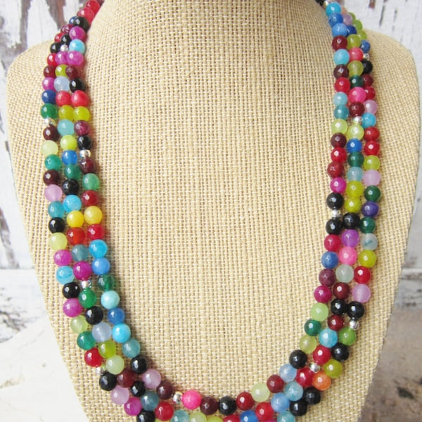 Multi Color Jade Necklace.Colorful Necklace.Statement Necklace.Multi Color Jewelry.Colorful Triple Strand Necklace. Colorful Jewelry