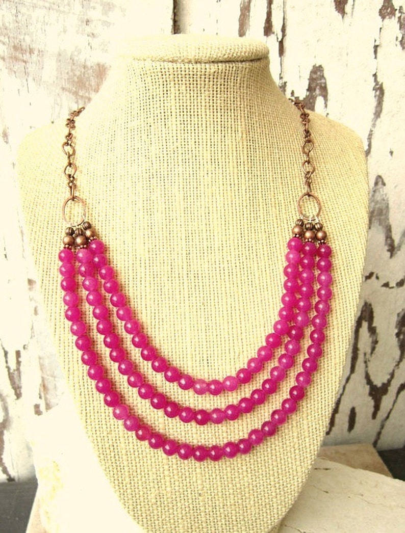 Jade Bib Necklace. Multi Strand Magenta Jade Necklace. Copper - Etsy