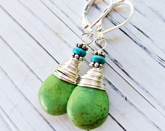 Green and Blue Turquoise Earrings. Green Turquoise Howlite Dangle Earrings. Turquoise Green Earrings. Turquoise Jewelry. Apple Green Jewelry