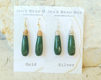 Long Green Jade Dangle Earrings. Green Faceted Jade Earrings. Sterling or Gold Wire Wrapped Green Stone Earrings. Dark Green Jade Jewelry