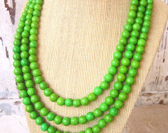 Apple Green Necklace. Triple Strand Necklace. Green Statement Necklace. Green Howlite Bib Necklace. Green Jewelry. St. Patrick's Day Jewelry