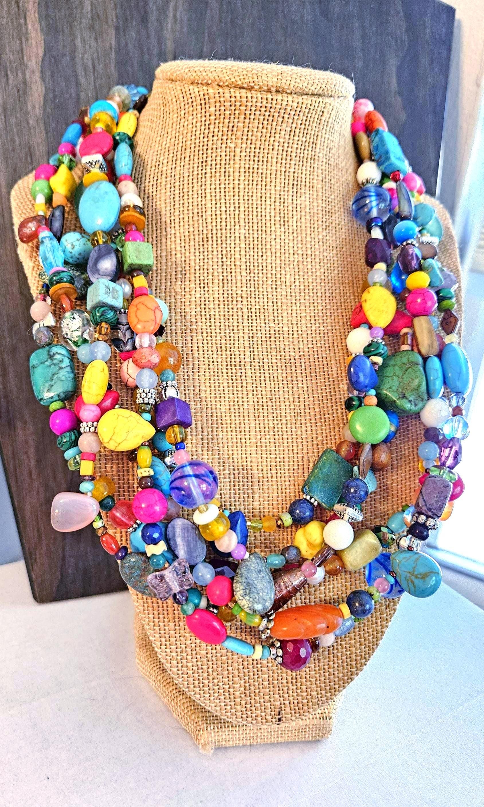 Chunky Stone Necklace. Multi Color Necklace. Six Strand Statement Necklace. Multi Color Jewelry. Semi Precious Stone Jewelry.Colorful Neckla