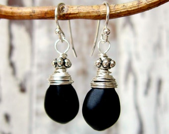 Black Earrings. Black and Sterling Silver Wire Wrapped Dangle Onyx Earrings. Black Earrings. Black Stone & Bali Earrings. Black Onyx Jewelry