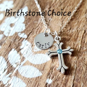 First Communion Gift Girl. Children&#39;s Birthstone Cross Necklace. Personalized Birthstone Jewelry. Religious Gift for Girl. Baptism Gift Girl