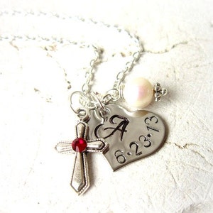 Baptism Gift. Girl&#39;s First Communion Gift. Child&#39;s Birthstone Cross Necklace.Stamped Date & Initial Heart Charm Necklace.Birthstone Jewelry
