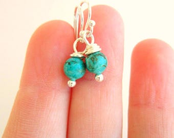 Small Genuine Turquoise Earrings. 6mm Natural Turquoise Dangle Earrings. Tiny Round Blue Green Turquoise Drop Earrings.  Turquoise Jewelry