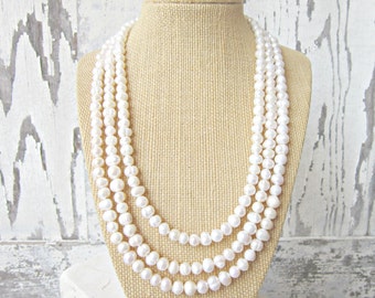 Triple Strand Pearl Necklace. White Pearl Adjustable Necklace. Genuine Freshwater Pearl Jewelry. Bridal Necklace. Wedding Jewelry