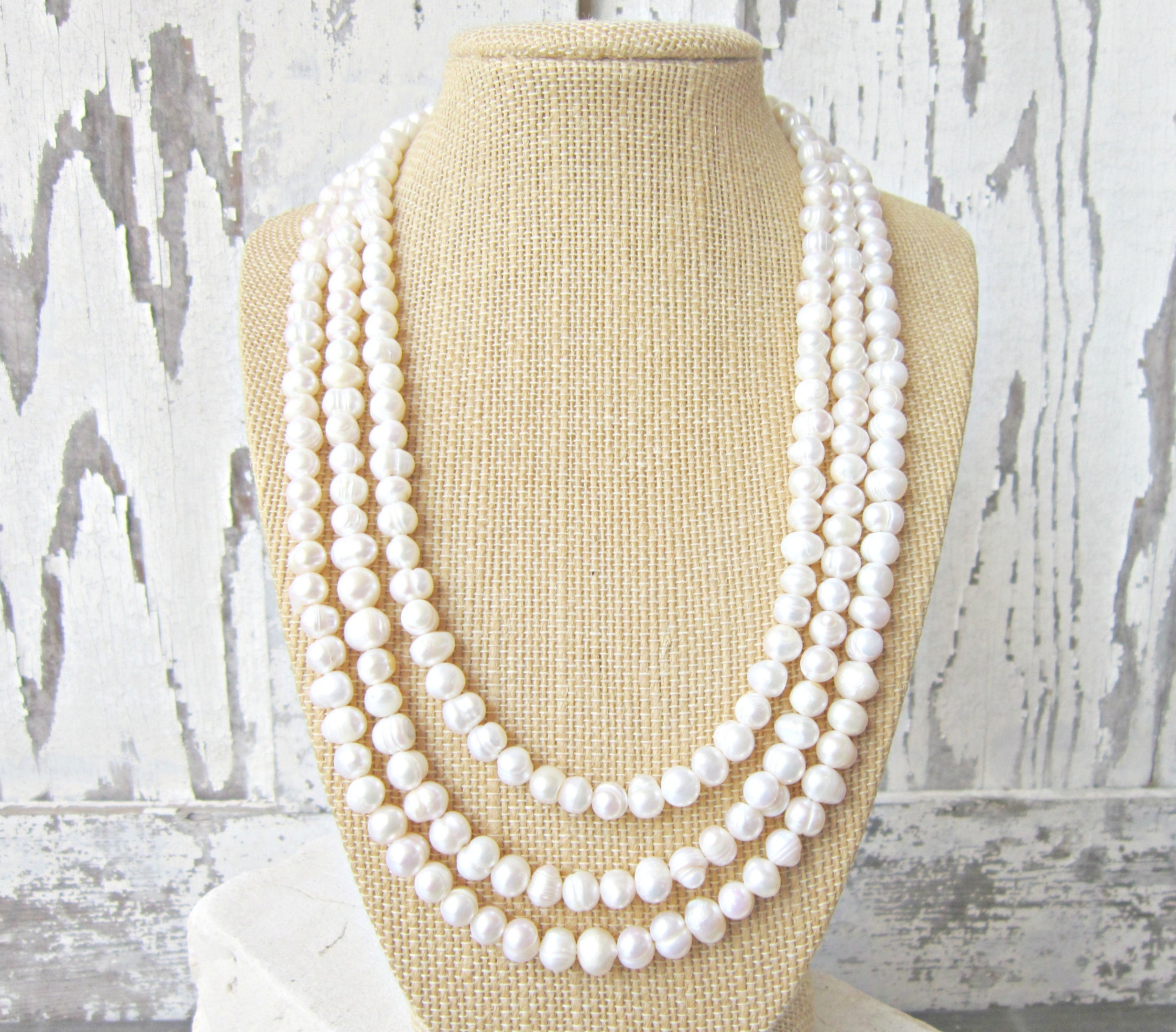 Triple Strand Pearl Necklace. White Pearl Adjustable