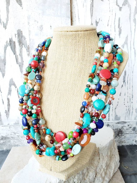 Multi-Stone & Onyx Chunky Tumbled Multi-Color Gem Stone Necklaces 1501