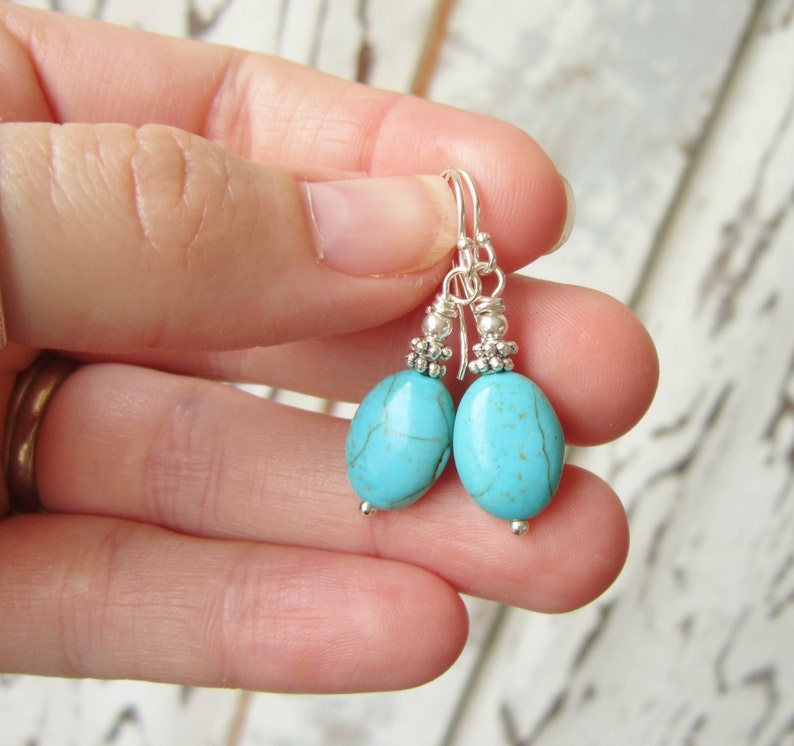 Blue Turquoise Earrings Oval Turquoise Dangle Earrings Howlite Stone /& Silver Drop Earrings Turquoise Jewelry Howlite Jewelry