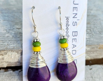 Purple, green and Yellow Earrings. Mardi Gras Earrings. Yellow, Green and Purple Earrings. Festive Mardi Gras Jewelry. Wire Wrapped Earrings