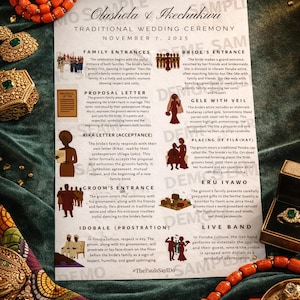May include: A traditional wedding ceremony invitation for Olushola & Ikechukwu, with text and illustrations. The invitation is surrounded by orange coral beads and gold jewellery, set on a green velvet surface.