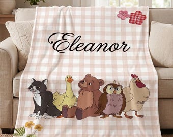 Personalized Forest Animal Blanket, Custom Baby Name Blanket, Vintage Storybook Nursery Decor, Toddler Bear Throw, Kids Birthday Gift