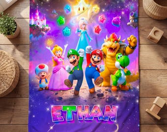 Personalized Super Mario Blanket, Custom Mario Bros Name Throw, Yoshi Bowser Peach Galaxy Blanket, Gamer Kids Birthday Gift