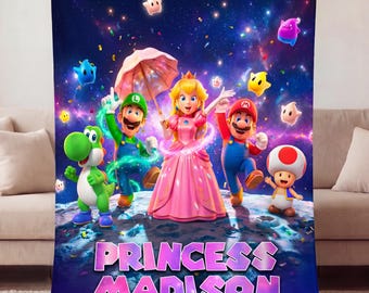 Personalized Princess Peach Blanket, Custom Super Mario Throw, Yoshi Mario Luigi Galaxy Bedding, Girl Gamer Birthday Gift
