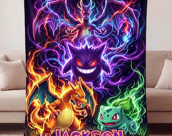 Personalized Charizard Throw Blanket, Custom Anime Gamer Blanket with Name, Gengar Bulbasaur Flannel Fleece, Kids Boy Pokemom Gift