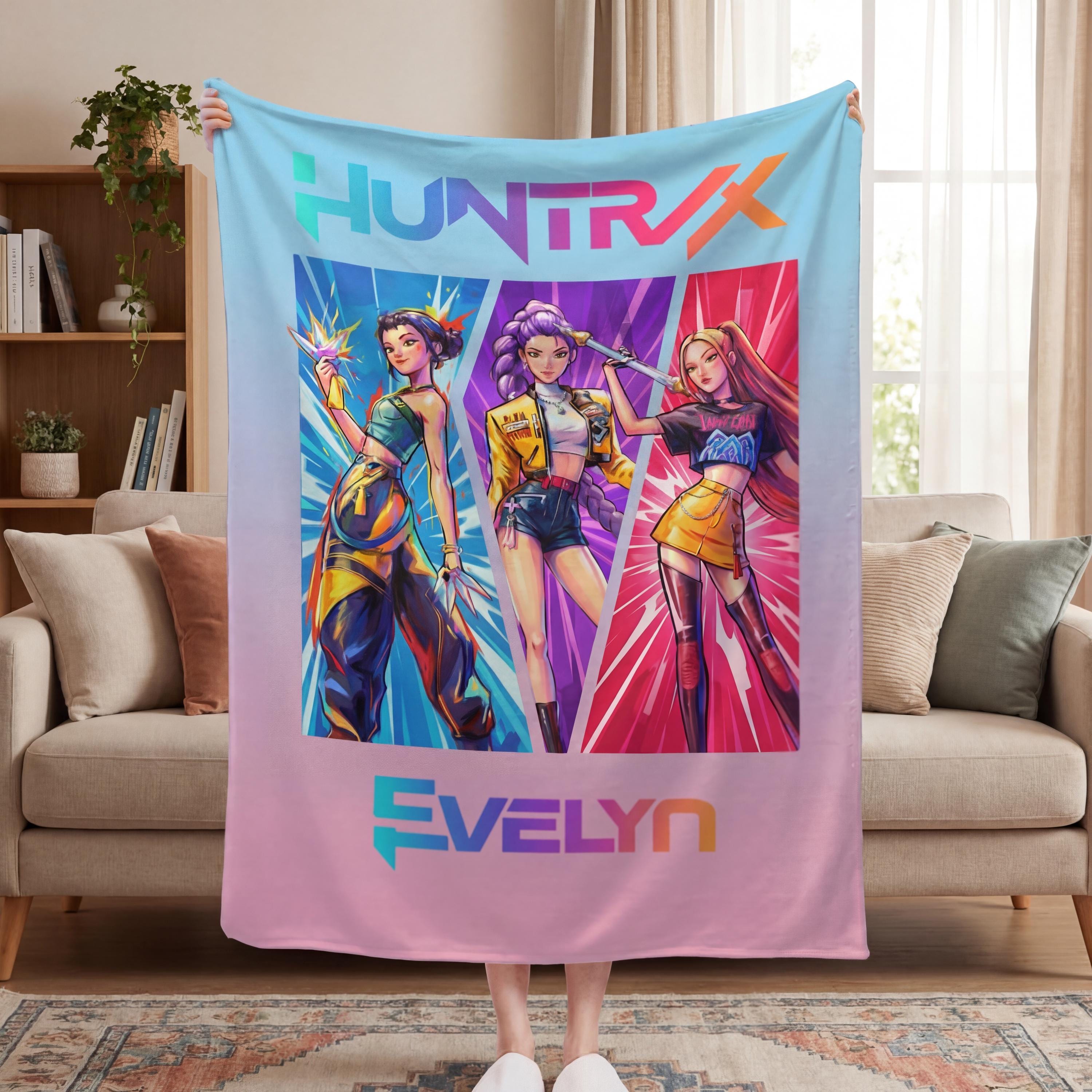 Discover Personalized Kpop Demon Hunter Anime Flannel Blanket, Custom Name Ombre , Neon Huntrix Decor