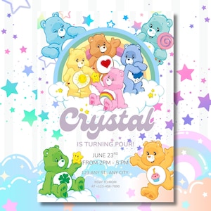May include: A vibrant birthday invitation with cartoon bears, a rainbow, and stars. The invitation states "Crystal is turning four!" with the date, time, and location. The design features a light blue background with pastel stars and rainbows.