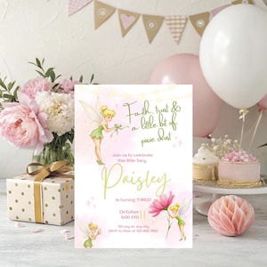 May include: A whimsical invitation for a fairy-themed birthday party. The design features a fairy illustration, the text "Faith, trust & a little bit of pixie dust", and the name "Paisley". The invitation is decorated with pink and green accents.