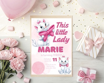Invitación de cumpleaños de gatito rosa, invitación de cumpleaños de Marie Aristogatos, invitación de fiesta de gatitos adorables, plantilla editable de Canva, cumpleaños de niña