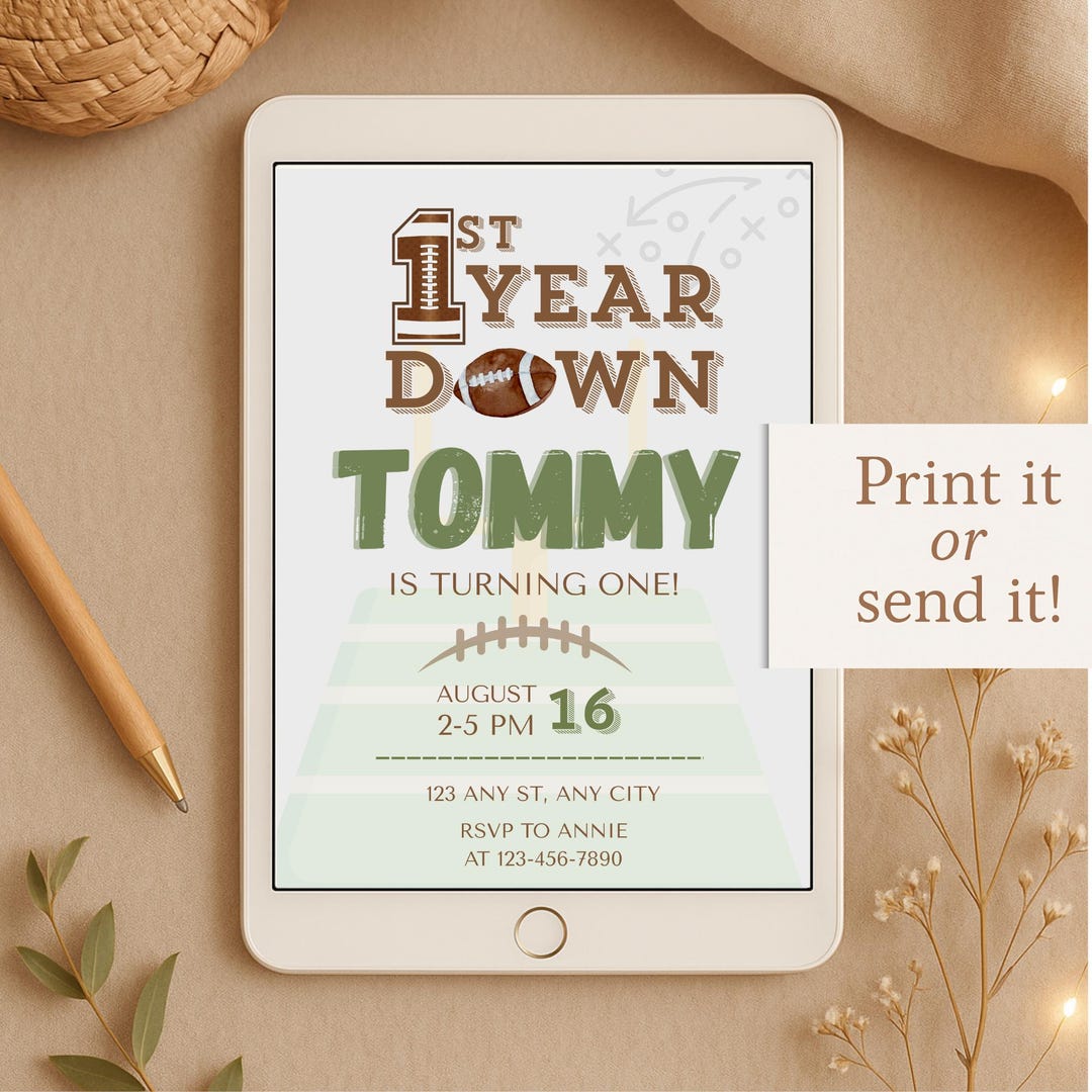 First Year Down Birthday Invitation, Football First Birthday Invite ...