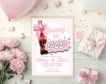Invitación para baby shower "Listo para estallar" / Invitación rosa "Listo para estallar" / Baby shower con refresco / Invitación editable de Canva para baby shower