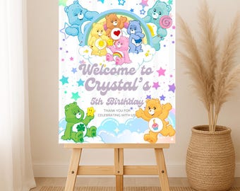 Letrero de bienvenida de oso arcoíris mágico, decoración de cumpleaños de osos cariñosos arcoíris, letrero de bienvenida de cumpleaños imprimible, plantilla editable de Canva