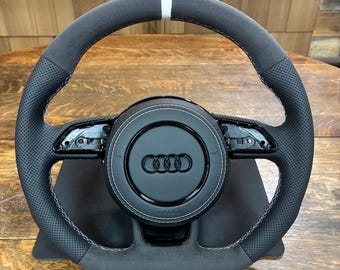 Audi B8 B8.5 C7 8V Flat Bottom Steering Wheel RS3 RS4 RS5 RS6 Perforated Sport Leather  Alcantara DSG White Stitching