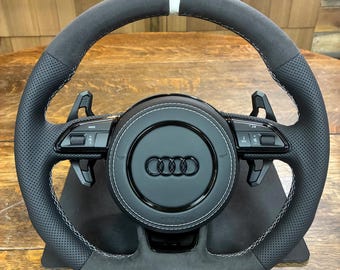 Audi B8 B8.5 C7 8V Flat Bottom Steering Wheel RS3 RS4 RS5 RS6 Perforated Sport Leather  Alcantara DSG White Stitching