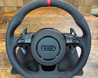 Audi B8 B8.5 C7 8V Flat Bottom Steering Wheel RS3 RS4 RS5 RS6 Perforated Sport Leather  Alcantara DSG Red Stitching