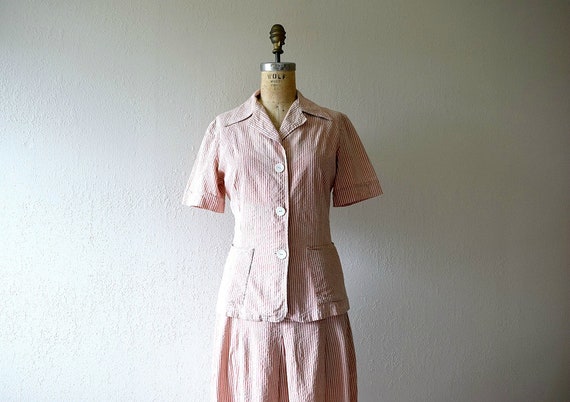 1940s seersucker suit . vintage 40s dress set