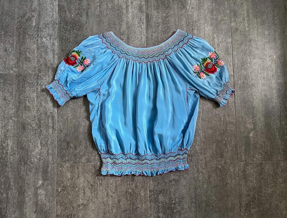 1930s blue silk Hungarian embroidered blouse . si… - image 3