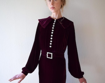 1930s silk velvet gown . vintage 30s velvet dress . size xs to small