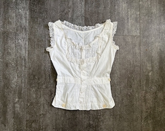 Antique corset cover . vintage white cotton and lace top . size xxs to xs