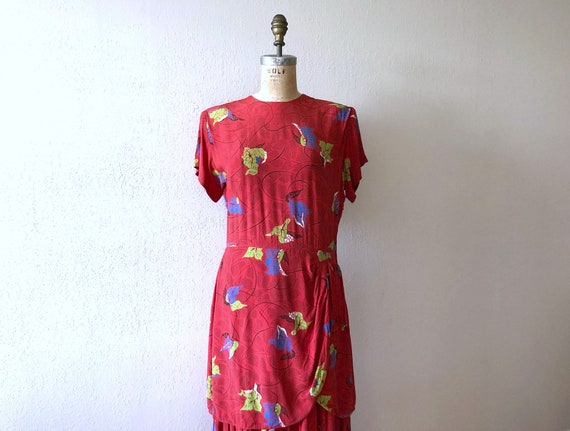 1940s rayon print dress . vintage 40s red dress