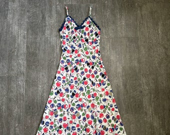1930s cherry print dress . vintage sleeveless gown . size xs to small