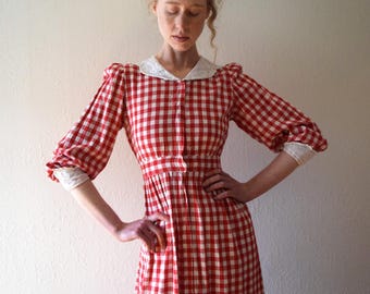 Antique gingham dress . Edwardian check day dress . size xs