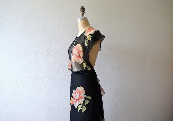 1930s chiffon dress . vintage 30s rose print dress