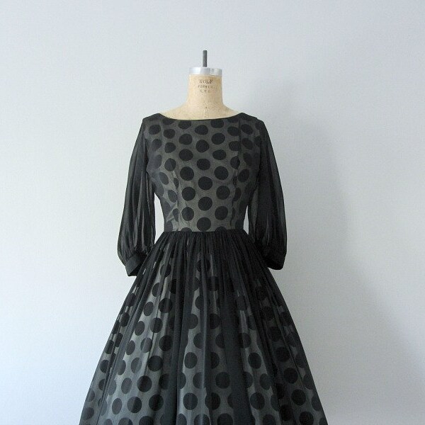 Polka dot chiffon dress . 50s 60s black party dress